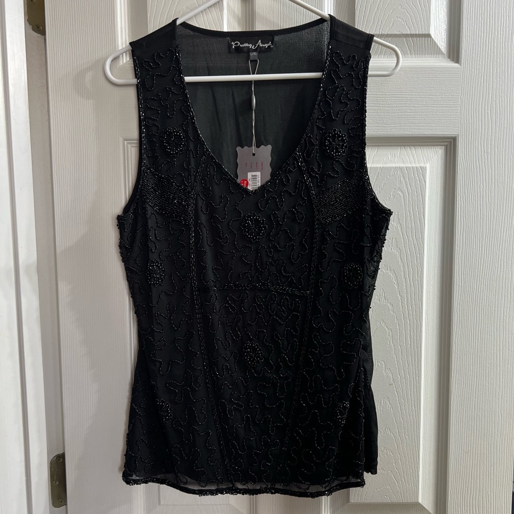 Pretty Angel Black Beaded Silk Blend Tank, SZ L/XL